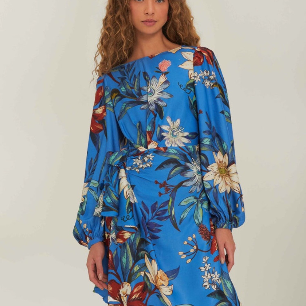 NWT Farm Rio Blue Surreal Flower Wrap Long Sleeve Dress - Picture 4 of 9